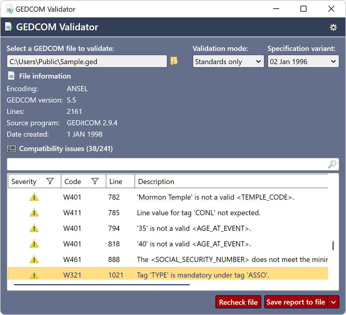 The GEDCOM Validator tool