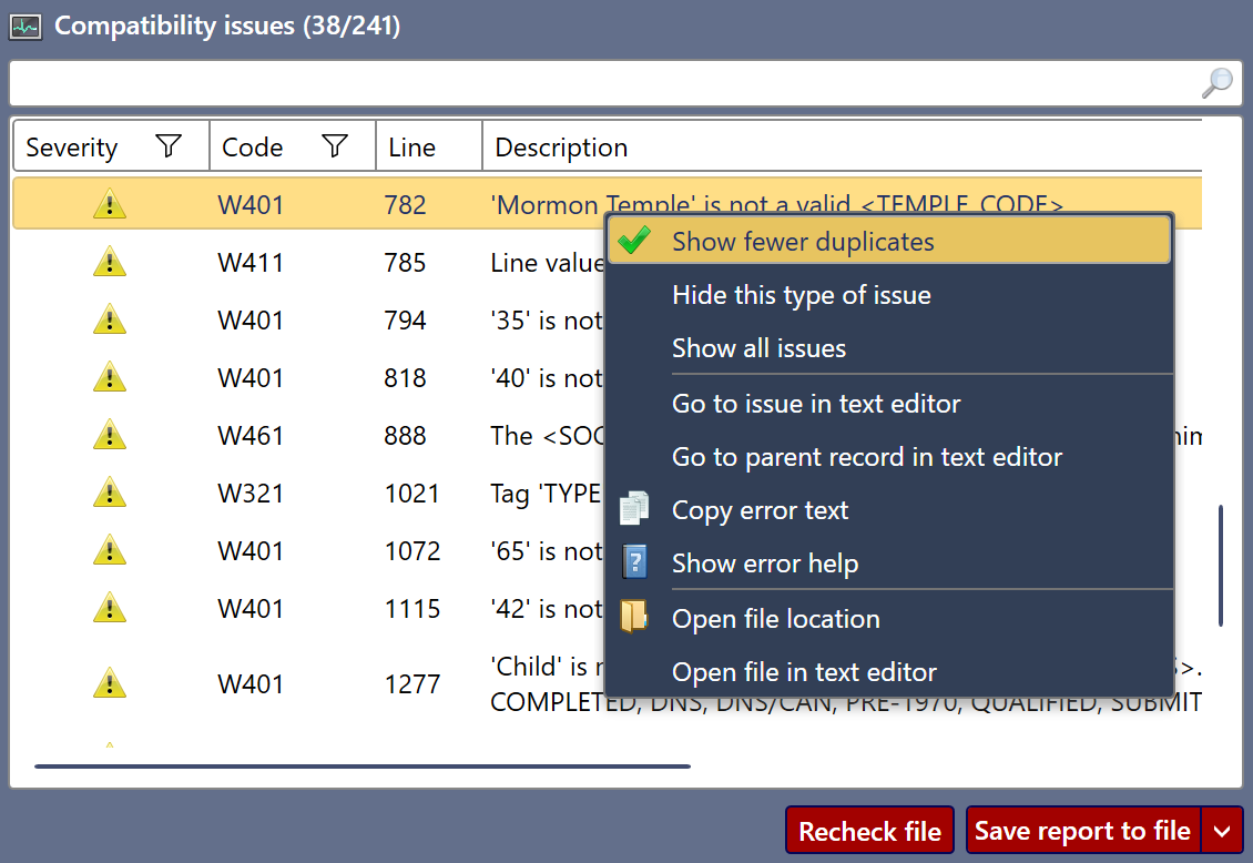 GEDCOM Validator actions