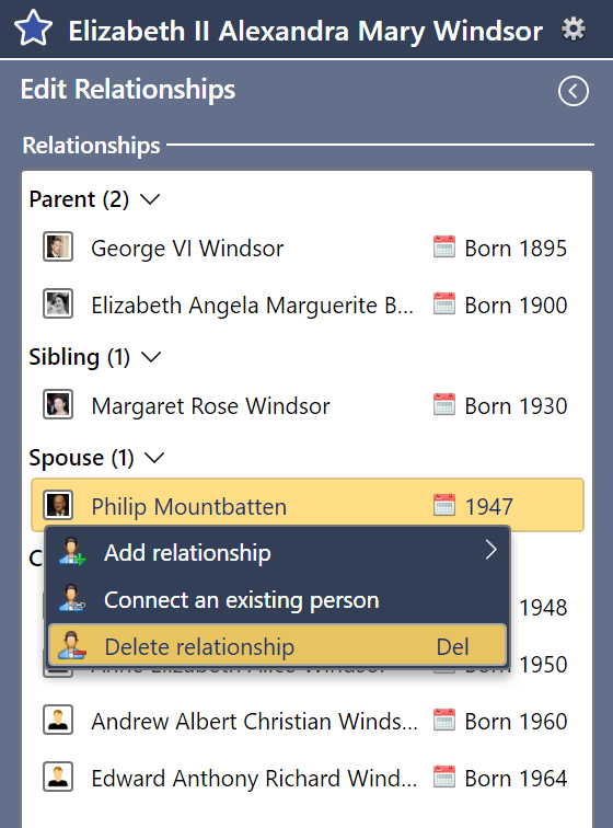 The relationships list